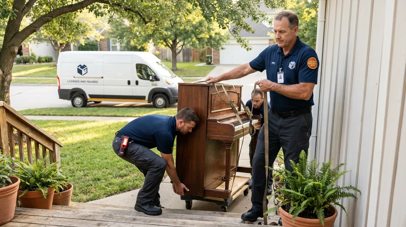 Licensed piano movers securing grand piano in Duncanville, TX