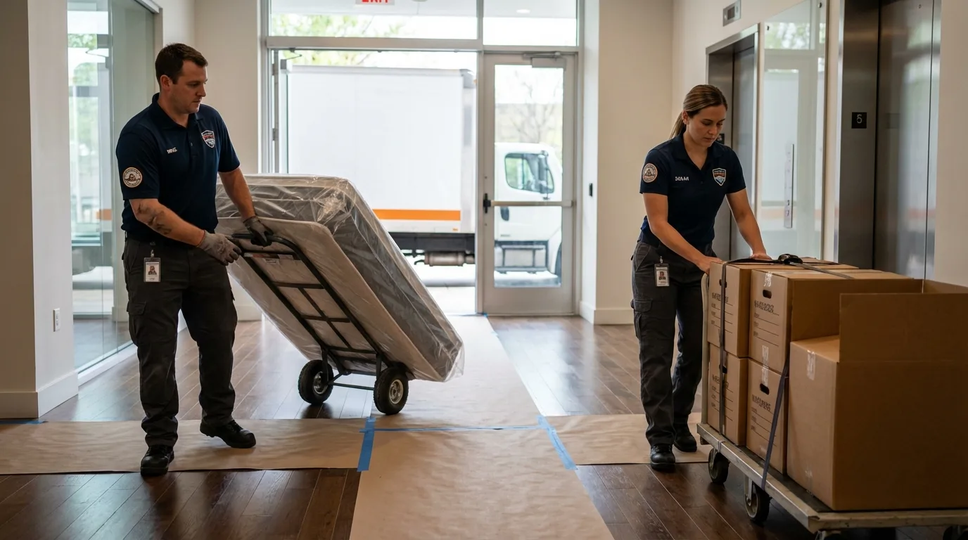 Professional apartment movers loading elevator in Duncanville, TX